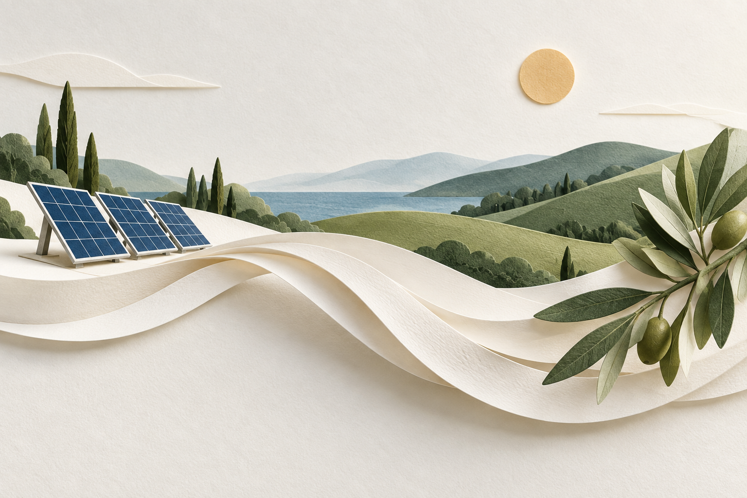 Illustrazione di carta, pannelli fotovoltaici e rami di ulivo: energia solare e attenzione alla natura.